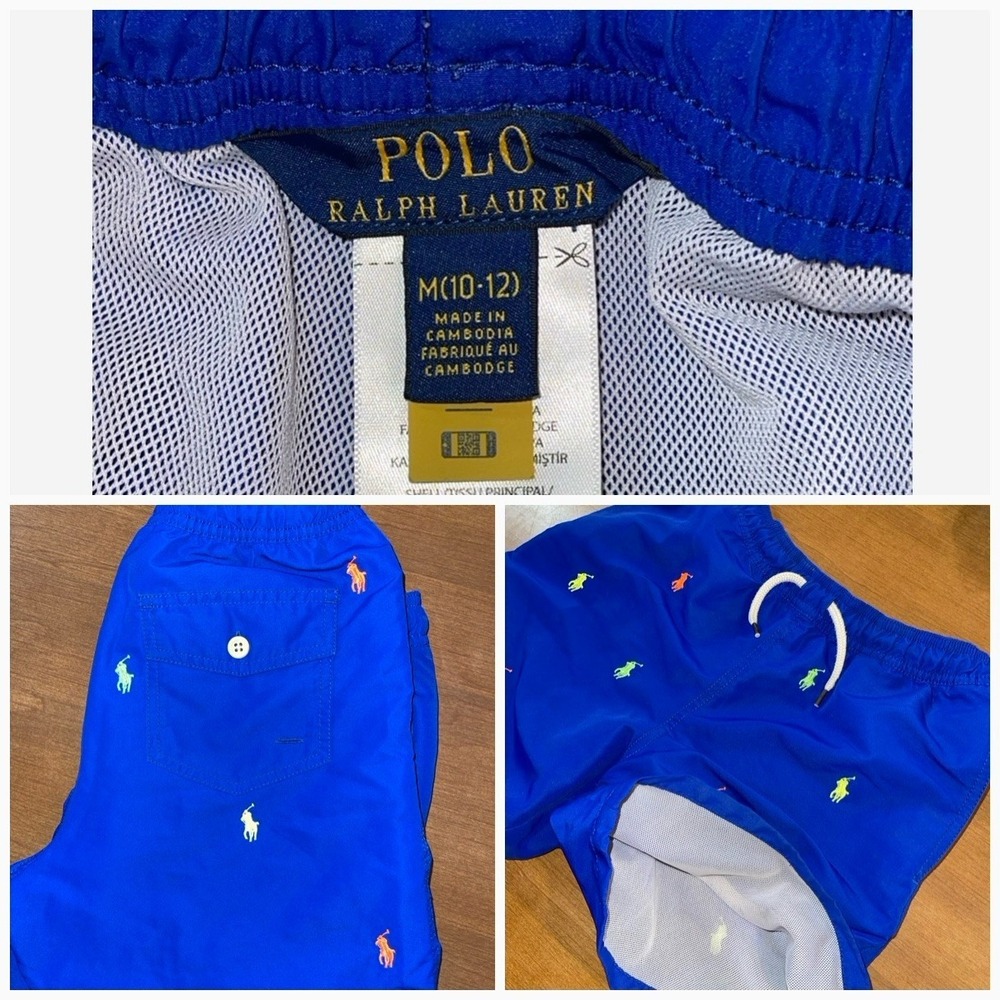 Polo Ralph Lauren Swim Shorts Boys 10 12 M Blue Lined All Over Logo Preppy Beach